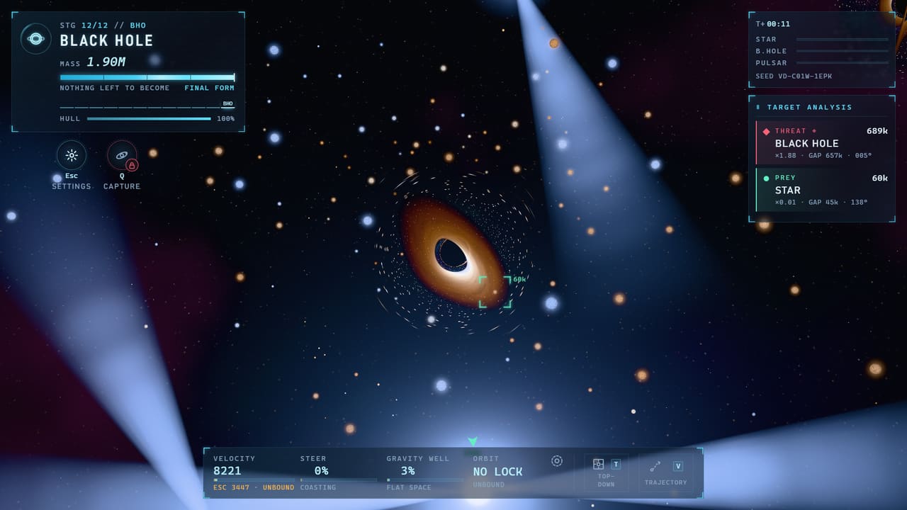 Vesper Drift at stage 12: a black hole with a lensed accretion disc and the HUD